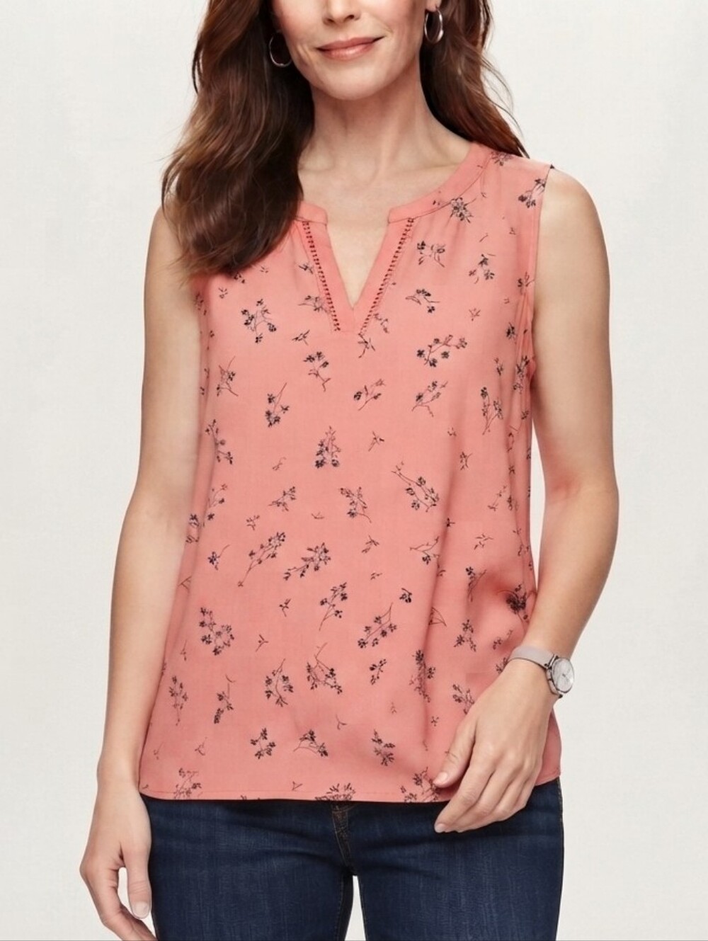Sz S Reitmans Coral Sleeveless V-Neck Floral Tank